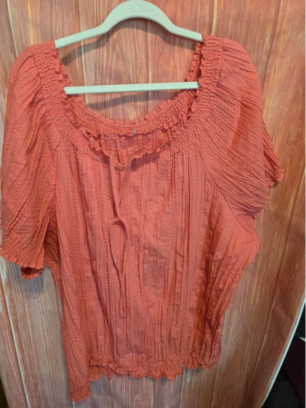 Boho Peasant Blouse Top Coral Salmon Crinkle Textured Smocked Scoop Neck